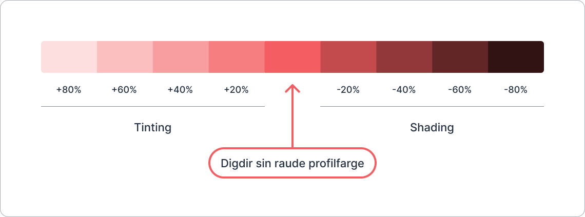 Illustrasjon som viser ein raud fargeskala i RGB-fargerommet representert som 9 rektangulære boksar. I midten ligg den raude profilfargen til Digdir. 
Dei 4 boksane til venstre og høgre får mørkare og lysare valører.